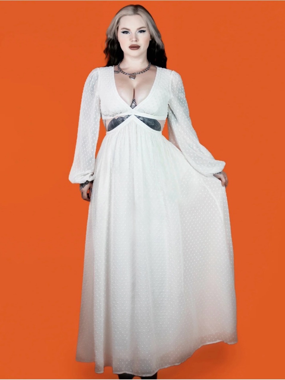 White Swiss Dot Long Sleeve Maxi Dress with Cutout lively ghosts
